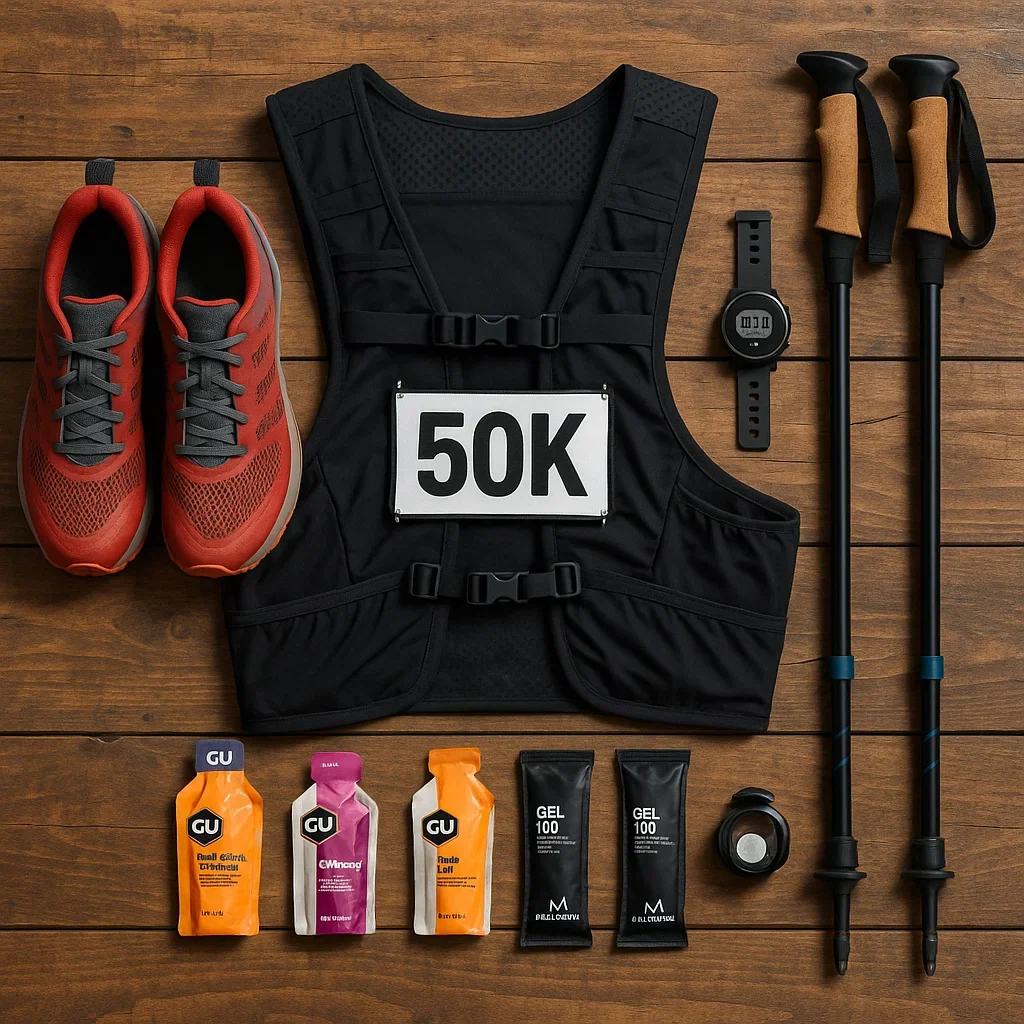 Ultra Marathon Training Plan 50K: Ultimate Guide 10 Essential gear for 50K ultra marathon, including shoes, hydration vest, and GPS watch.