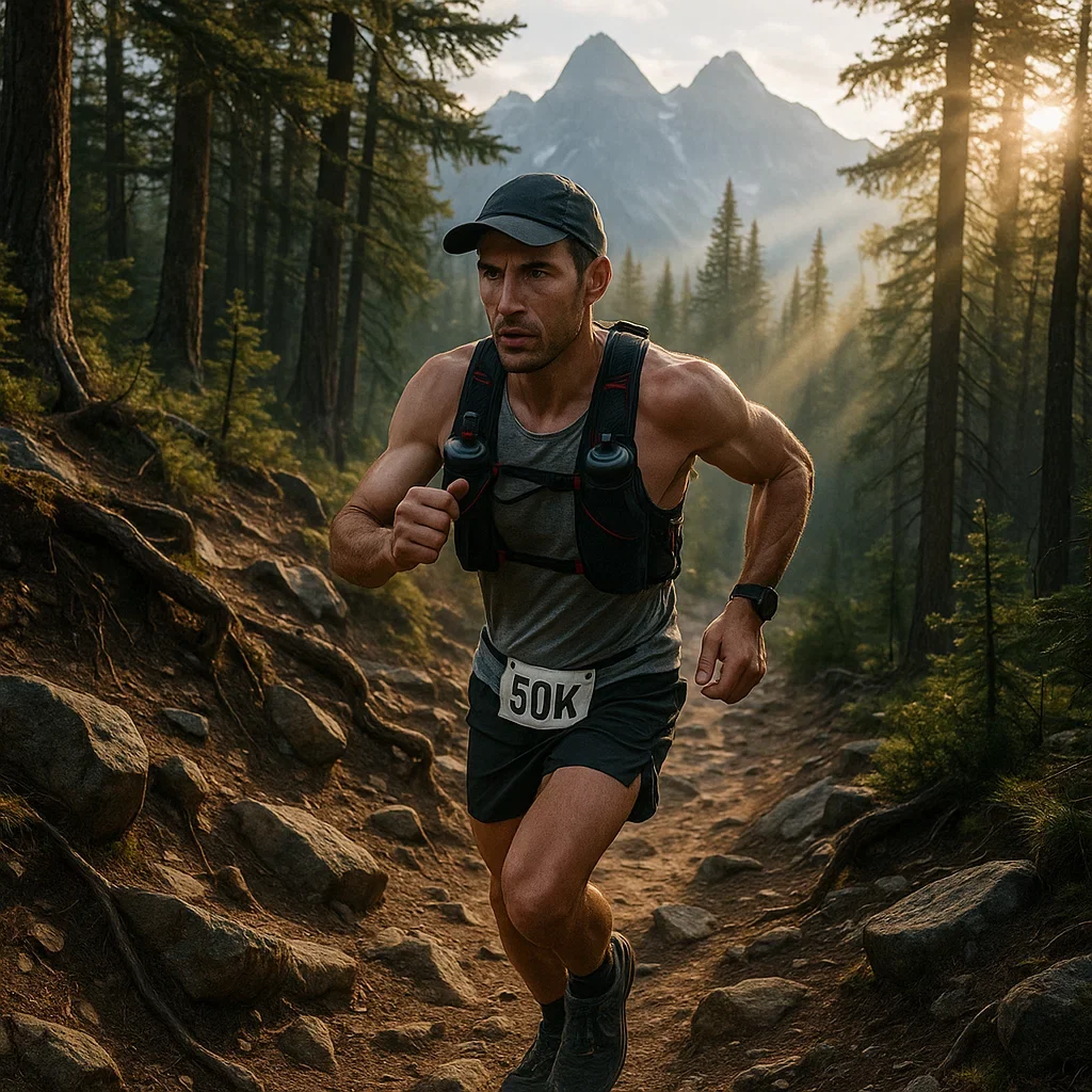Ultra marathon runner on a forested trail during a 50K race