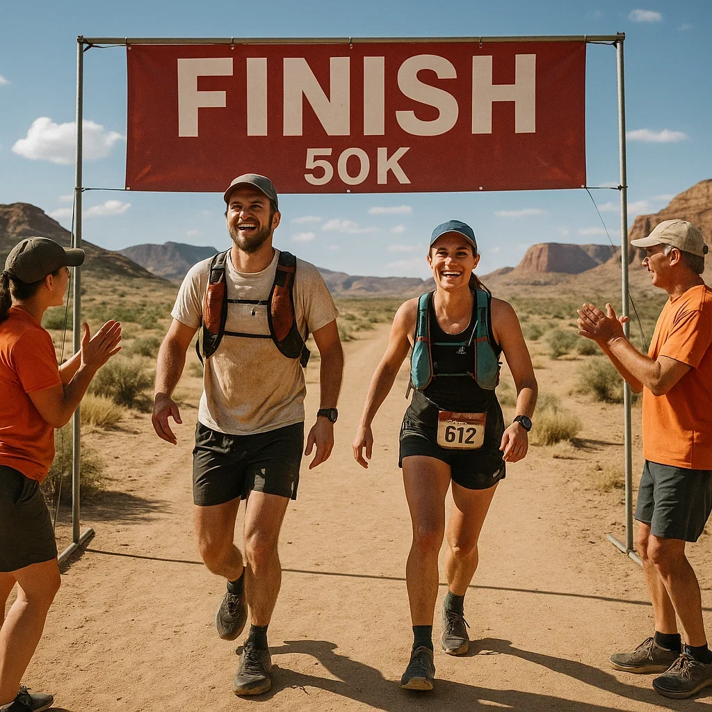 Top Sub-Ultra Races Around the World (30K–50K Trail & Road Events) 6 Finish line scene at a 50K desert ultra marathon.
