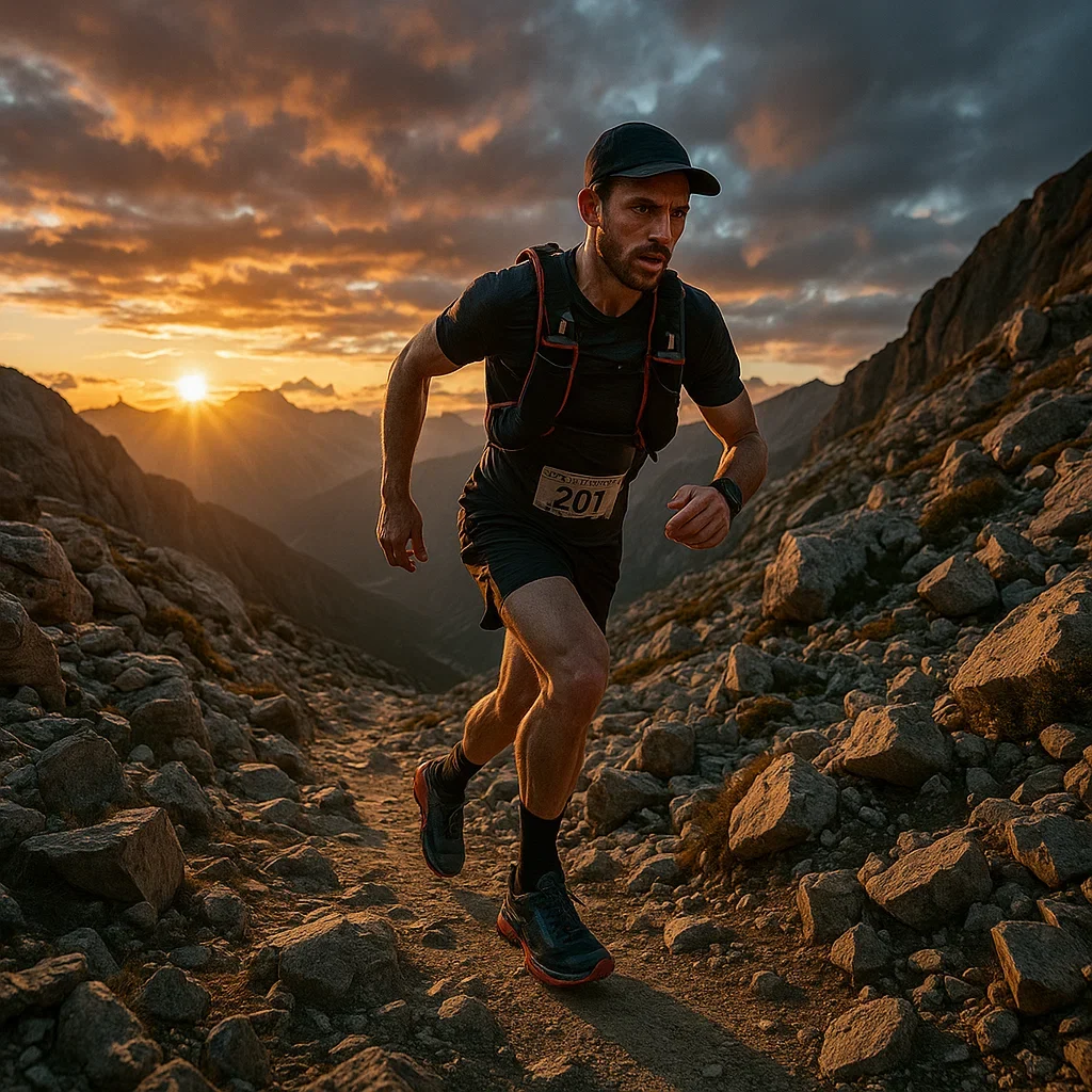 Best Trail Running Shoes for 50K Ultra Marathons – 2025 Guide 3 A solo ultra runner navigating a rugged mountain trail during a 50K ultra marathon, wearing premium trail running shoes, dramatic sunrise lighting, rocky terrain, determination on the runner’s face, high-altitude environment, wide cinematic shot