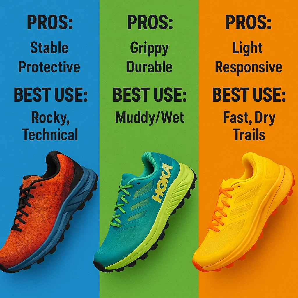 Optimal Trail Running Shoes for 50K Ultra Marathons – The Ultimate Pro Guide! 🏆👟 2 Three trail running shoes for 50K ultras compared for rocky, muddy, and dry conditions, with key features labeled.