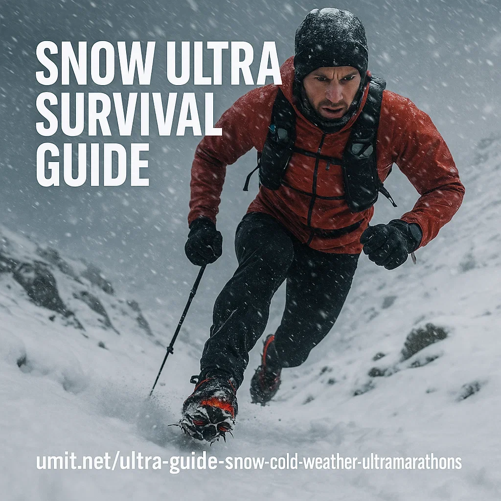 Ultra Guide to Snow and Cold-Weather Ultramarathons: Gear, Layering, Fueling & Safety 5 A determined ultramarathon runner powering through a blizzard on a snowy mountain trail