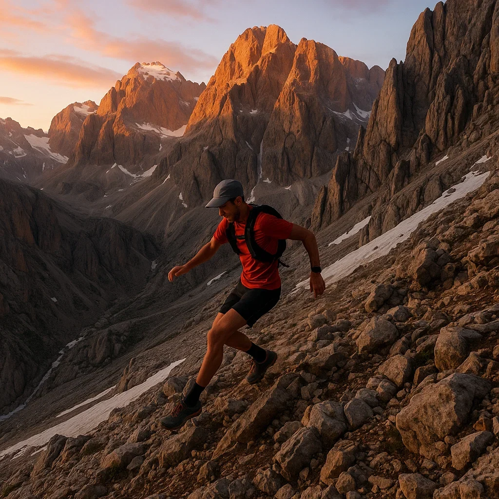🏃 Best Ultra Marathon Routes in Turkey + 2025 Race Calendar 6 A mountain runner descending a steep rocky slope in the Aladağlar National Park