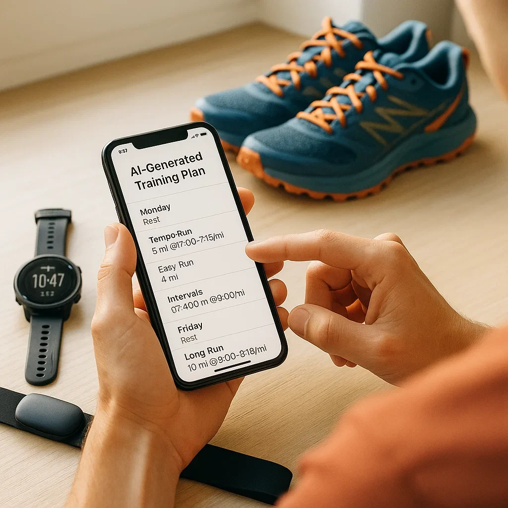 "A runner viewing their AI-generated training plan on a smartphone, with wearable tech nearby (GPS watch, HR strap). Clean design, indoor desk with sunlight and trail shoes in the background."