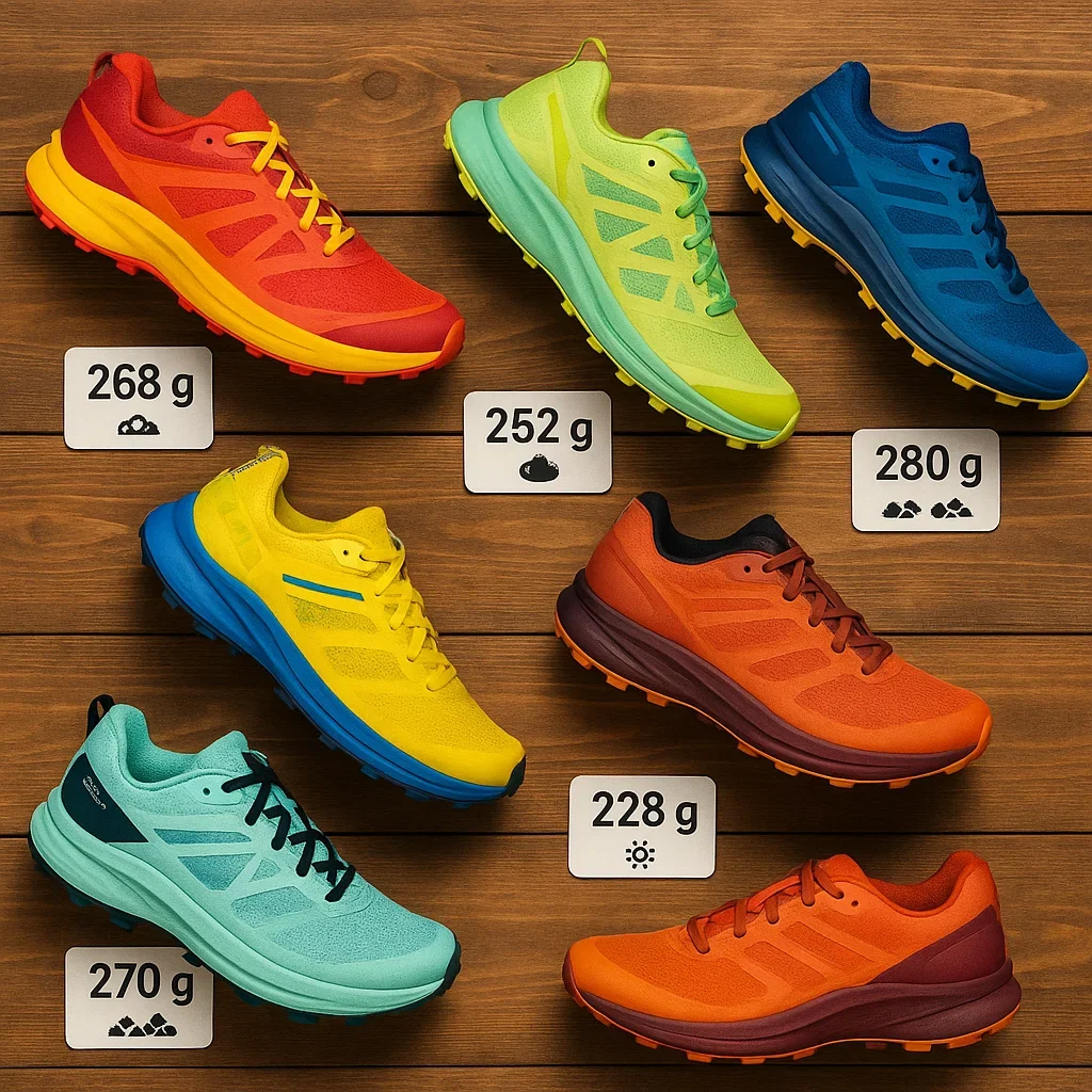 A top-down view of lightweight trail running shoes for 50K, each labeled with its weight and terrain icons for easy comparison