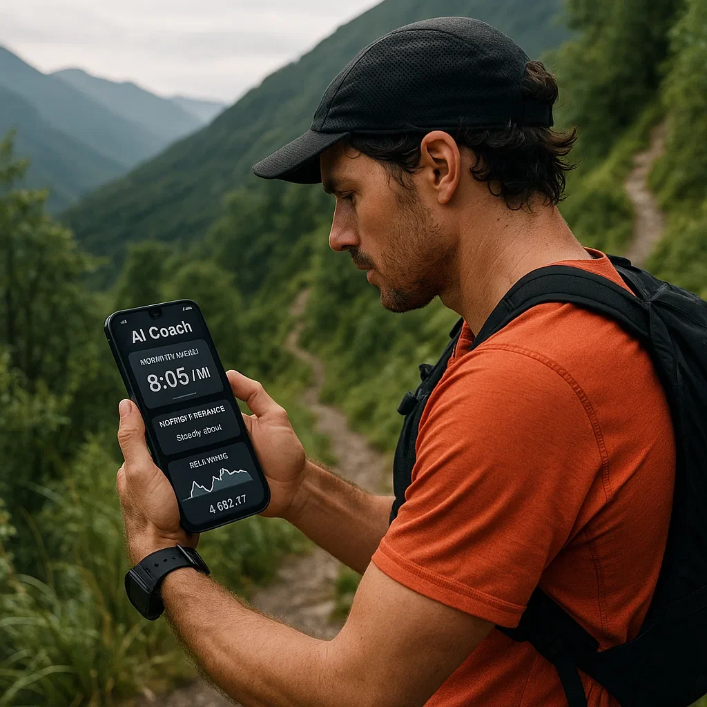 Trail runner stops mid-mountain climb to check an AI coach app on their phone, interface shows adaptive pacing, workout feedback, and elevation. Lush natural background, focused mood.