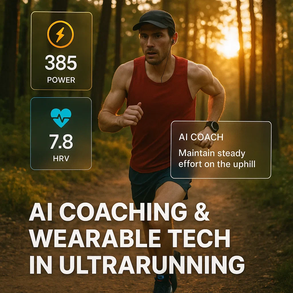 AI Coaching & Wearable Tech in Ultramarathon Training (2025 Guide) 13 A motivated ultramarathon runner training on a forest trail at sunrise, wearing a GPS watch and a Stryd footpod. Animated overlays show real-time data (power, HRV, AI coach recommendations) on the screen.