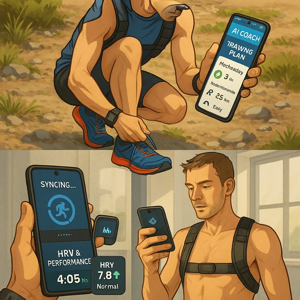 An ultramarathoner lacing up shoes, putting on a chest strap, and checking training plan recommendations from an AI coach app on their smartphone. Scene transitions to the runner syncing their data post-run and reviewing HRV and performance stats.