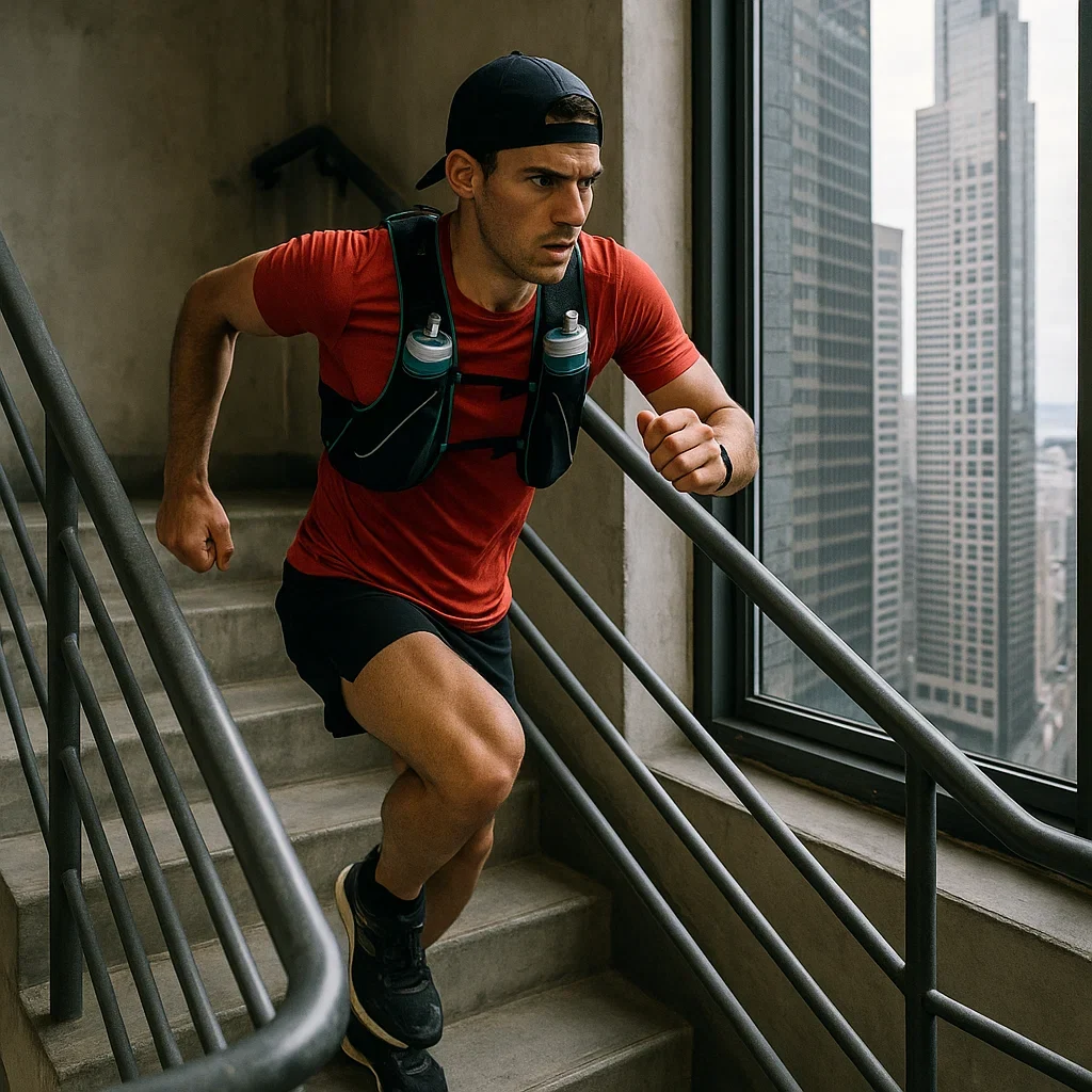 ⏱️ Time-Efficient Ultramarathon Training for Urban Athletes (10-Hour Ultra Plan) 3 Runner climbing stairs in urban high-rise for ultra marathon training.
Endurance athlete performing stair-climber workout for urban ultramarathon preparation, focusing on vertical gain and efficient training.