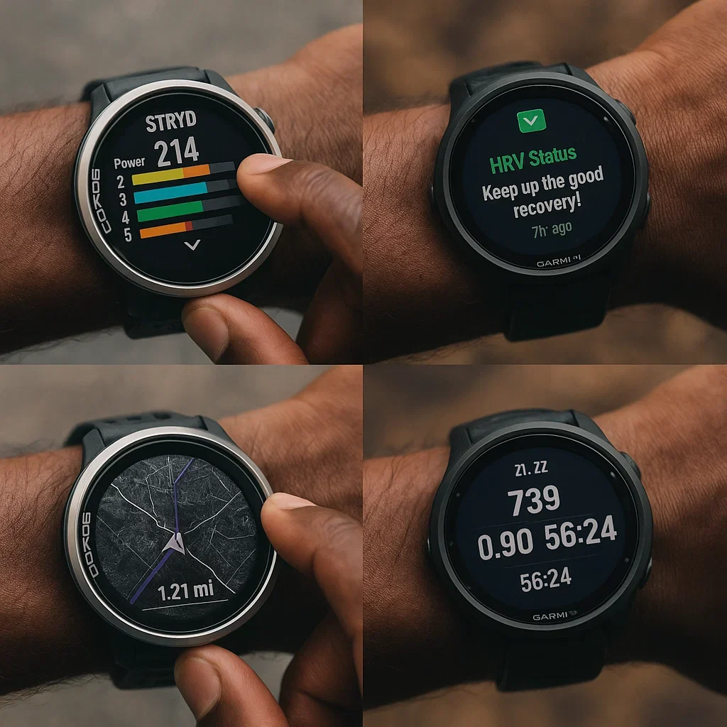 AI Coaching & Wearable Tech in Ultramarathon Training (2025 Guide) 14 Close-up of a runnerâs wrist as they scroll through training data on a Coros and Garmin watch, with quick cuts showing Stryd power zones, HRV app notifications, and route navigation on the watch screens. Fast-paced, data-driven visual style.