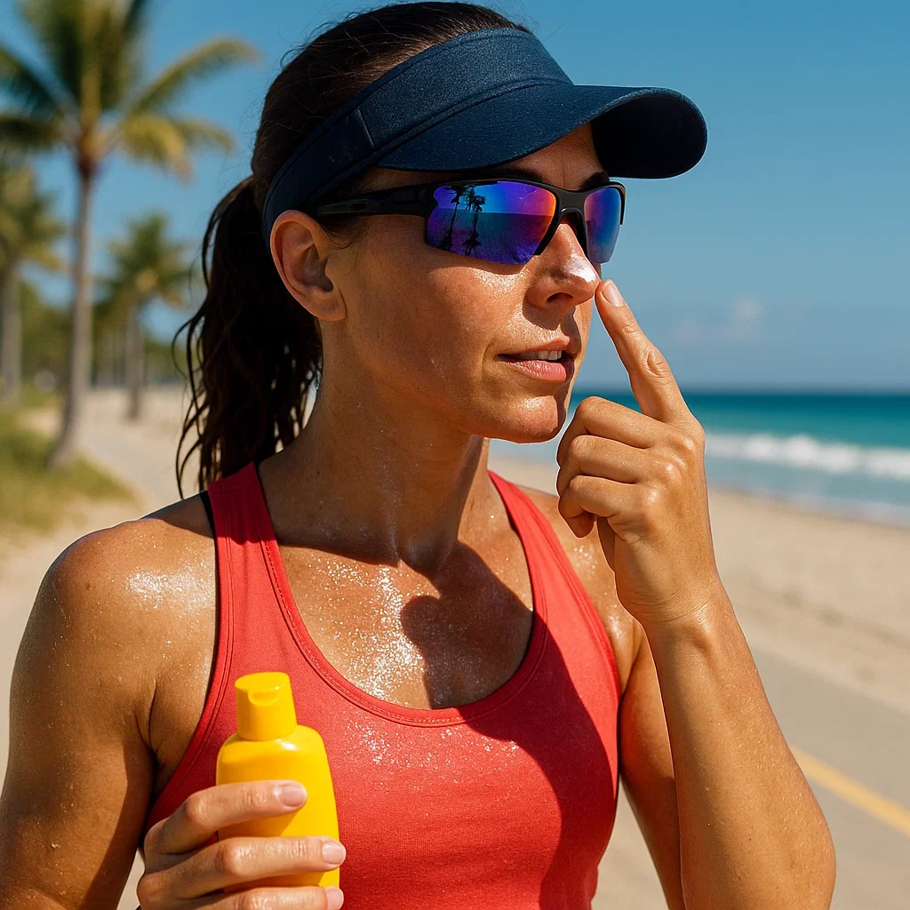 Female runner applying sunscreen while running near the beach under hot sun.
