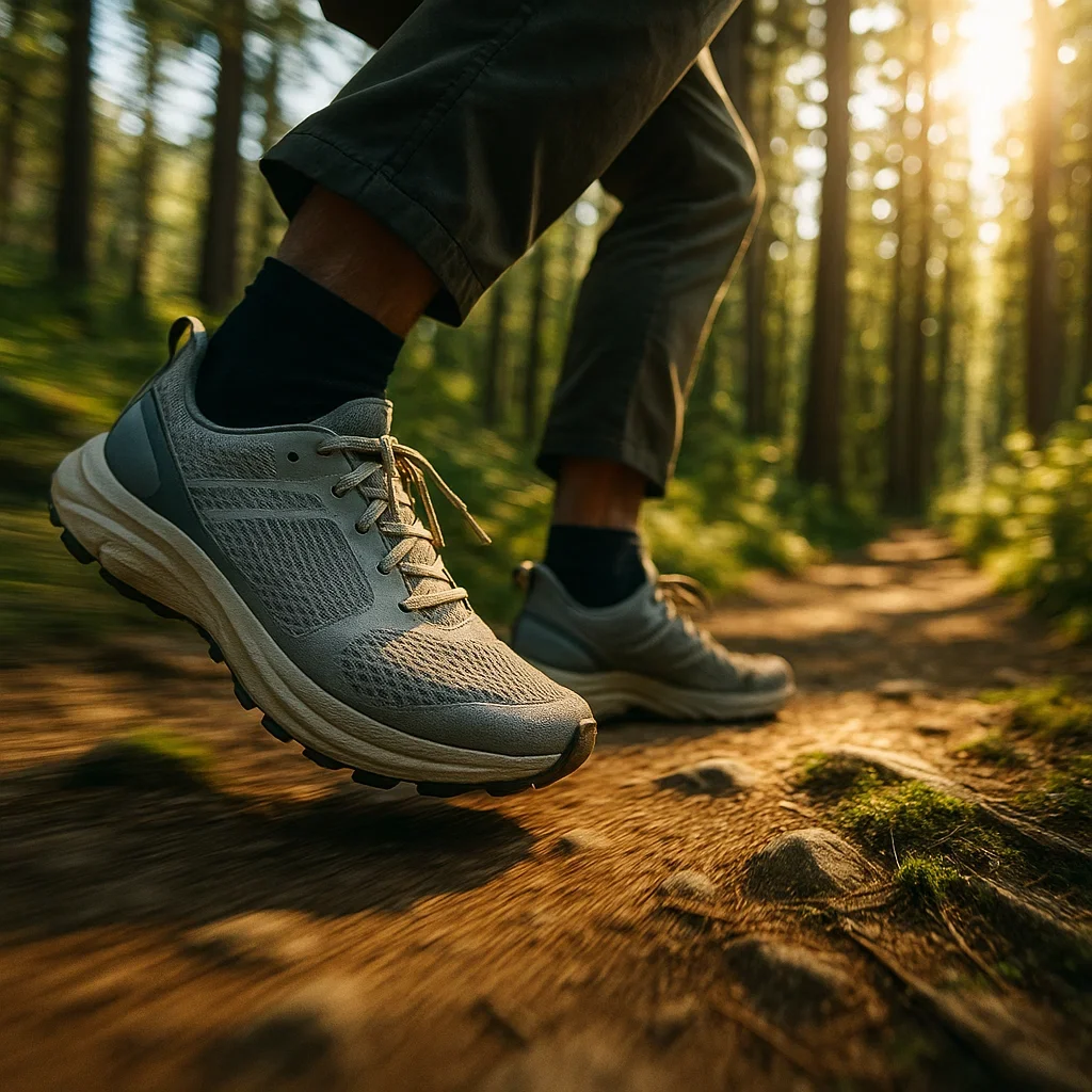 Hiker crossing a scenic forest trail wearing ultralight trail running shoes