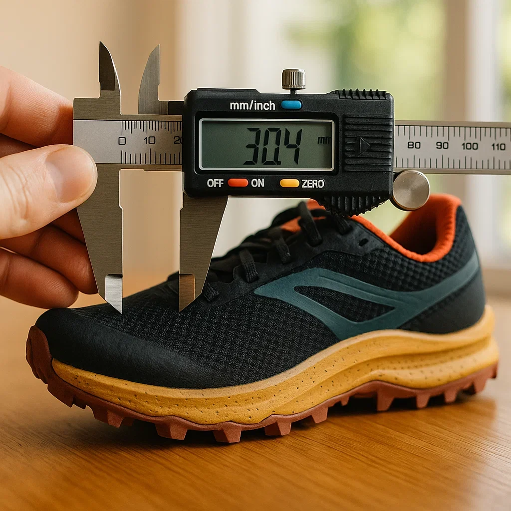 Home table, digital caliper measuring heel thickness of trail running shoe, daylight, close-up