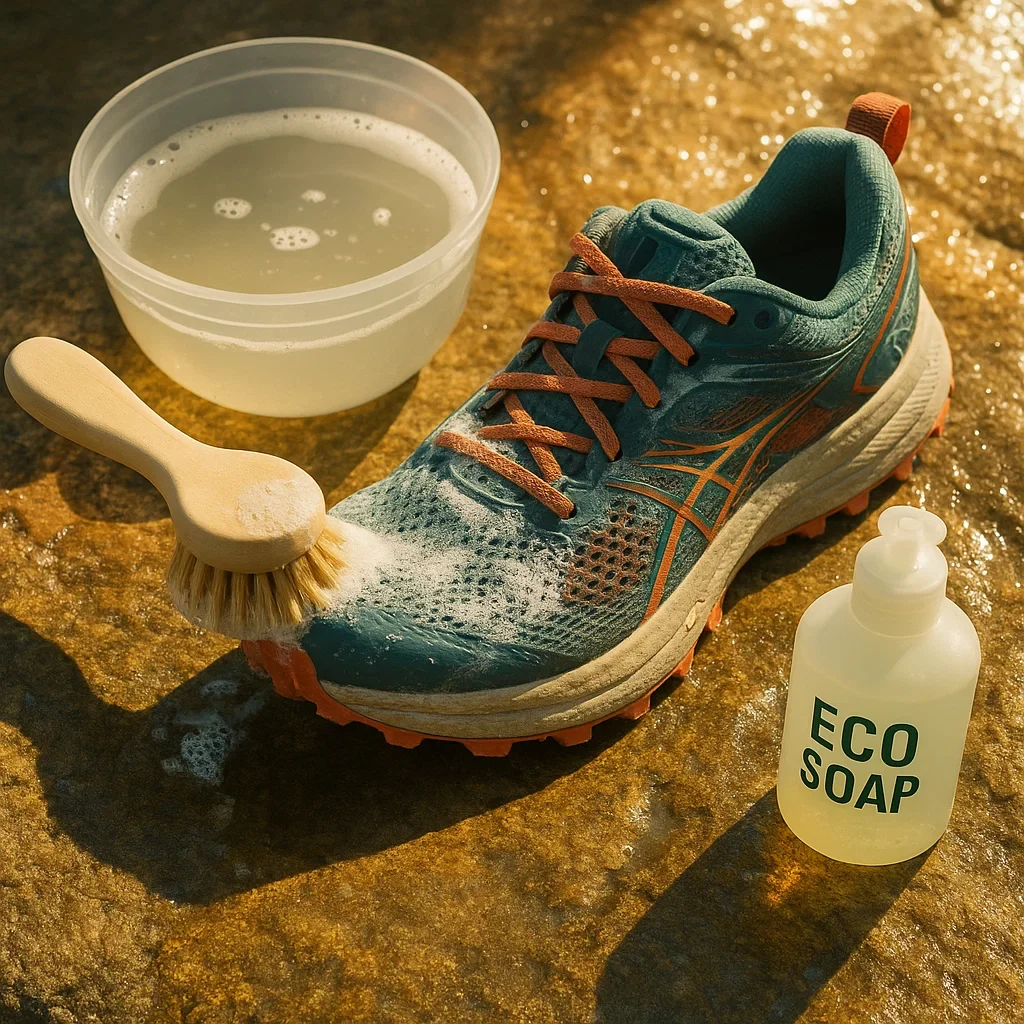 đź«§ How to Wash Trail Running Shoes Without Ruining the Foam 3 Lukewarm water, eco soap and soft brush with technical running shoe, sunlight on wet rock