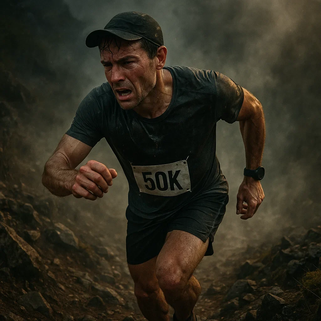 Ultra Marathon Training Plan 50K: Ultimate Guide 11 Runner pushing through fatigue on a steep trail during a 50K ultra marathon.