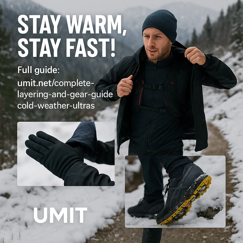 Complete Layering and Gear Guide for Cold-Weather Ultras: Stay Warm, Safe & Fast 5 Runner in winter ultra gear quickly layering up on a snowy mountain trail, showing base, mid, and outer layers; close-ups on gloves and spikes