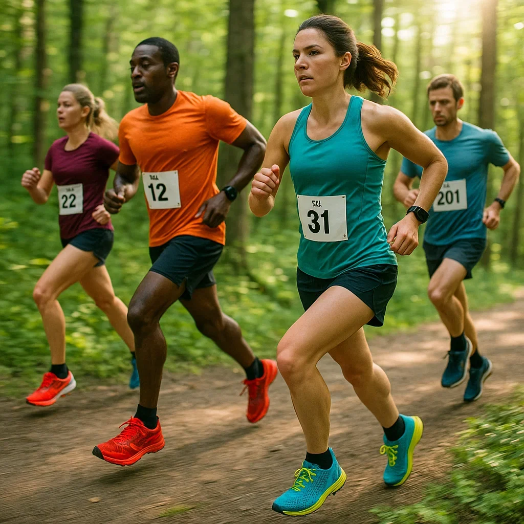 Lightweight Trail Running Shoes for Sub-Ultra Distances (20–49 km) – Speed & Agility Benefits 🏃♂️✨ 3 Runners in lightweight trail shoes racing quickly through a sunlit green forest during a sub-ultra distance race