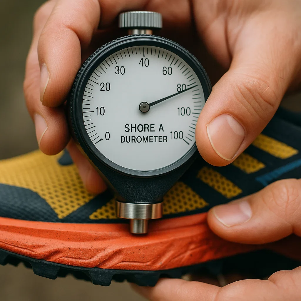 Shore-A durometer being pressed into trail shoe midsole, macro focus, hands visible