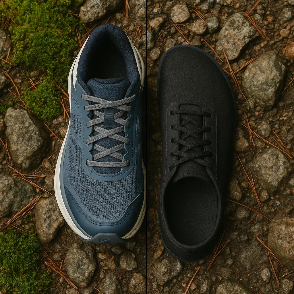 Side-by-side comparison of a thick cushioned trail shoe and a minimalist shoe on a forest trail, highlighting differences for sub-ultra runners.