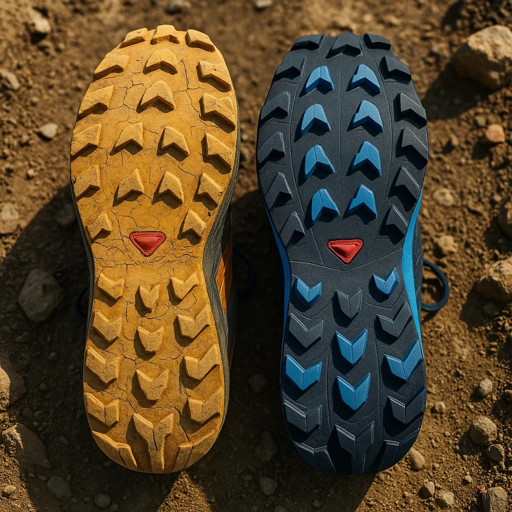 Side-by-side comparison of a worn-out trail running shoe and a new shoe on a rocky trail, showing mileage and durability differences.