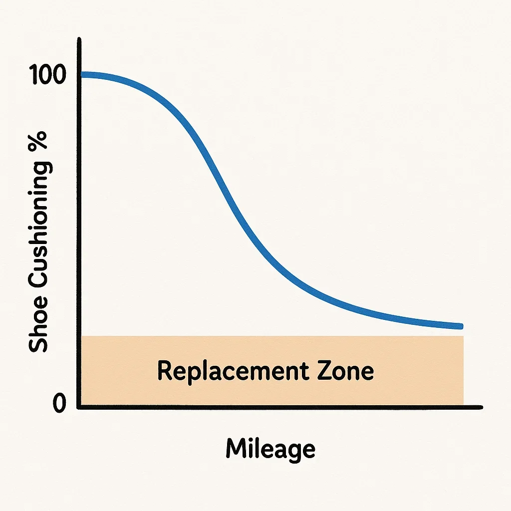 ⏳ When to Retire Trail Shoes? Data-Driven Mileage & Cushion Thresholds 3 Simple graph shoe cushioning vs. mileage ‘replacement zone highlighted trail shoe compression loss,shoe replacement timeline,when to retire trail shoes,foam breakdown signs,end-of-life trail shoes