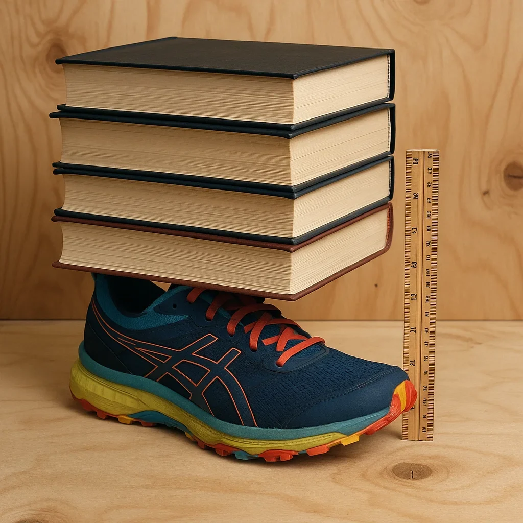 🔬 DIY Midsole Compression Test With Household Tools 3 Stack of heavy books pressing down on a colorful trail shoe, ruler alongside, DIY test setup