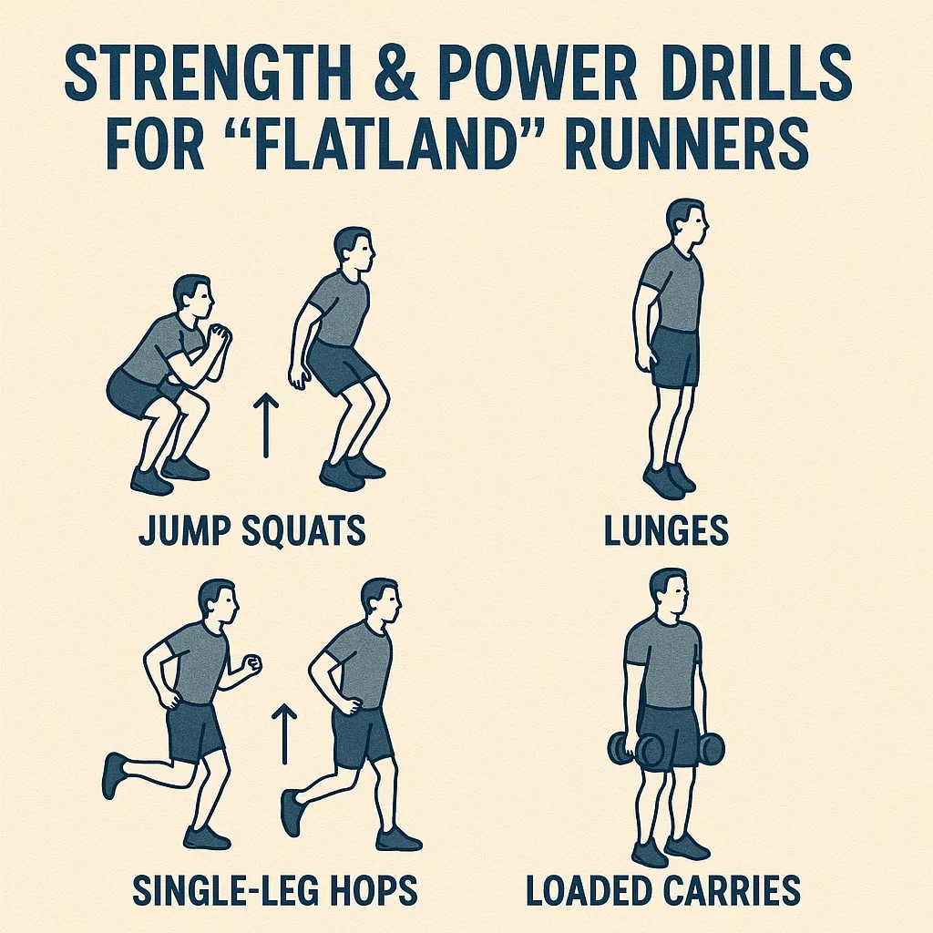 How to Simulate Trail Hills & Vertical Gain in the City: Creative Urban Ultra Strategies 3 Strength & Power Drills for “Flatland” Runners - Jump squats, lunges, single-leg hops, loaded carries