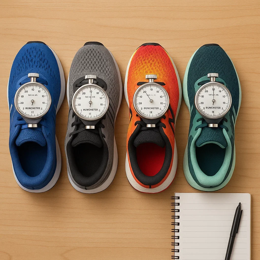 🪛 Measure Midsole Hardness With a $20 Shore-A Durometer 3 Tabletop scene: row of running shoes, durometer device on each, notepad beside