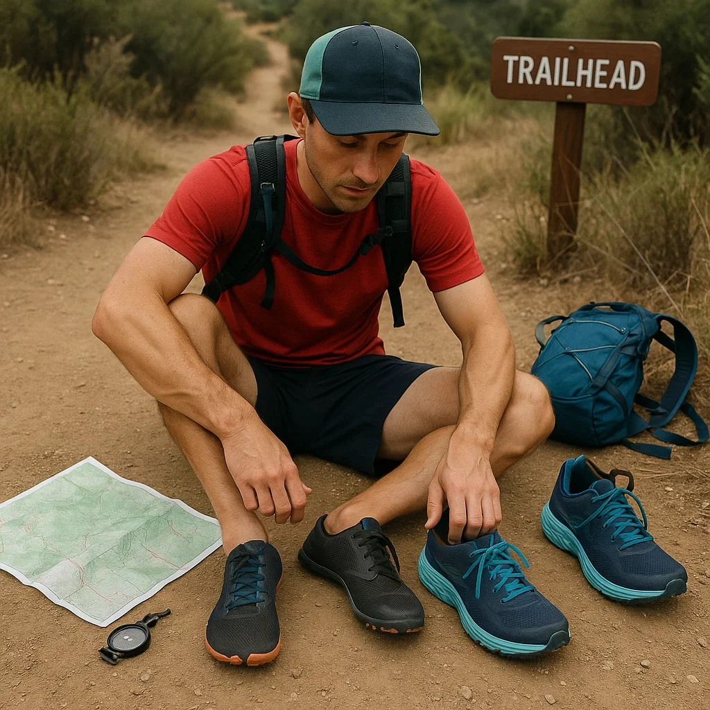 Optimal Shoes Guide for Sub-Ultra Trail Races (20–49 km) – Find Your Perfect Fit! 🏆👟 5 Trail runner at trailhead comparing cushioned and minimalist shoes for a sub ultra race with map and gear visible optimal trail shoes sub-ultra,best trail shoe for 20k race,best shoes for 49k trail,how to choose trail shoes,trail shoe fitting sub-ultra