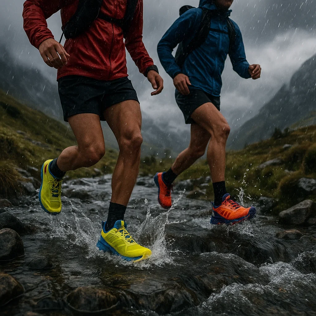 Best Waterproof Trail Running Shoes for Sub-Ultra Races (20–49 km) – Stay Dry, Run Fast! 🌧️🏃♂️ 3 Trail runners in waterproof shoes crossing a mountain stream in a rainstorm water splashing cloudy and foggy trail environment waterproof trail running shoes sub-ultra,best waterproof trail shoes for rain,GORE-TEX trail shoes 20k,eVent waterproof trail running,waterproof shoes for muddy trail races