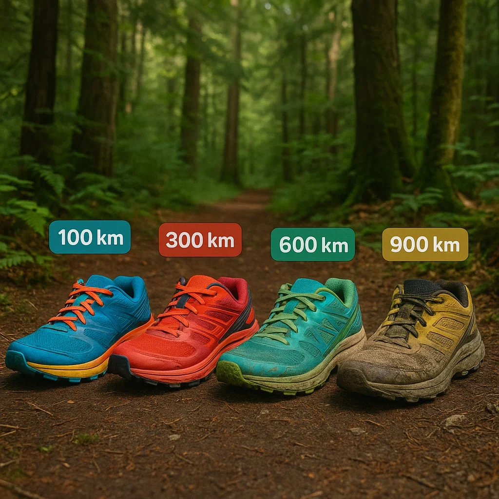 Shoe Durability & Mileage Expectations for Sub-Ultra Trail Races (20–49 km) – Make Every Pair Last! ⏳👟 3 Trail shoes at different mileage stages lined up in a forest visually showing durability and wear for sub ultra races shoe durability sub-ultra,trail shoe mileage 20k,how long do trail shoes last,signs trail shoe wear,best durable trail shoes