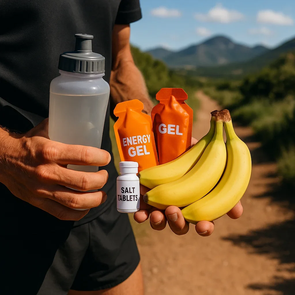 Ultra Marathon Training Plan 50K: Ultimate Guide 12 Energy gels, salt tablets, bananas, and a hydration bottle for ultra marathon running.