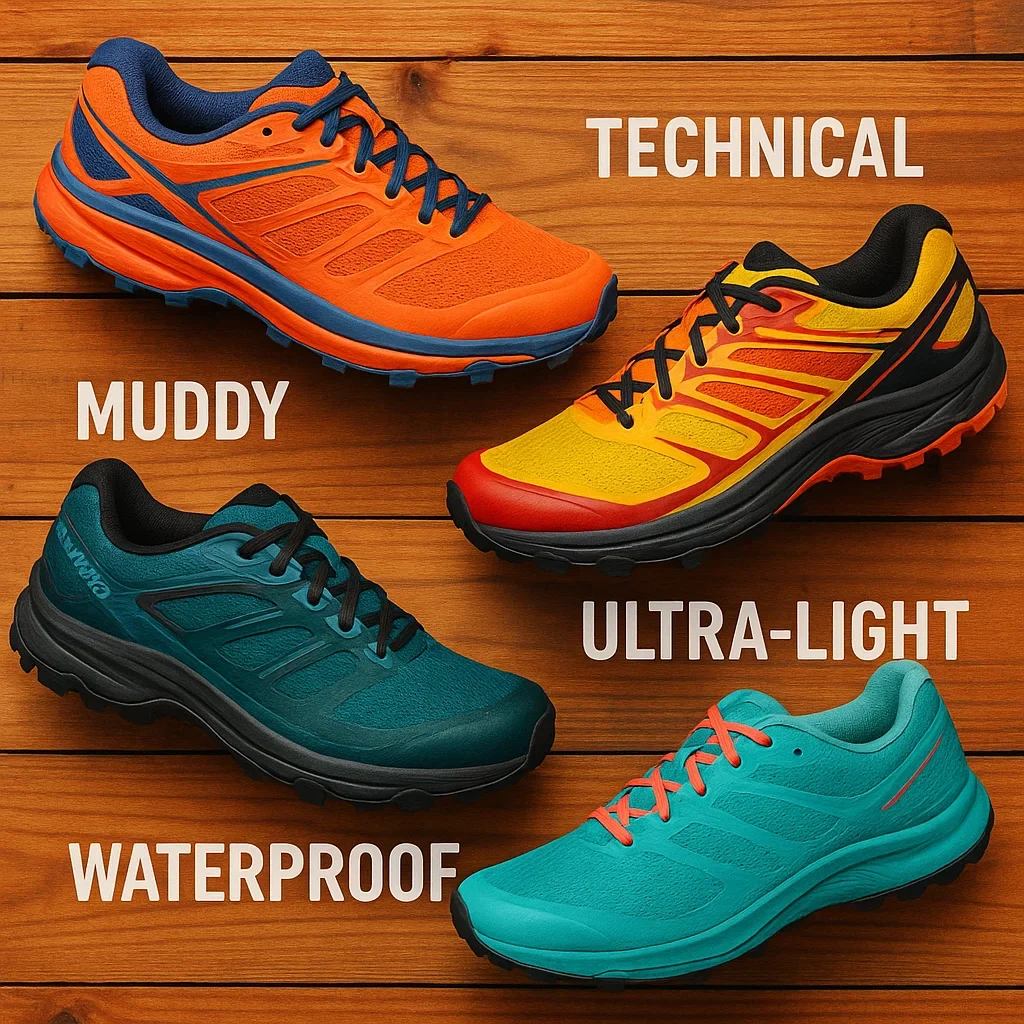 Various trail running shoes for sub-ultra races, each labeled for their ideal use (muddy, rocky, lightweight, cushioned