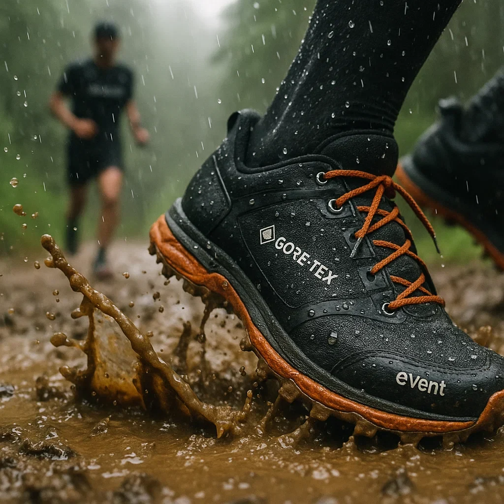 Waterproof trail running shoes with GORE-TEX logo splashing in mud, rain droplets visible, in a misty forest race