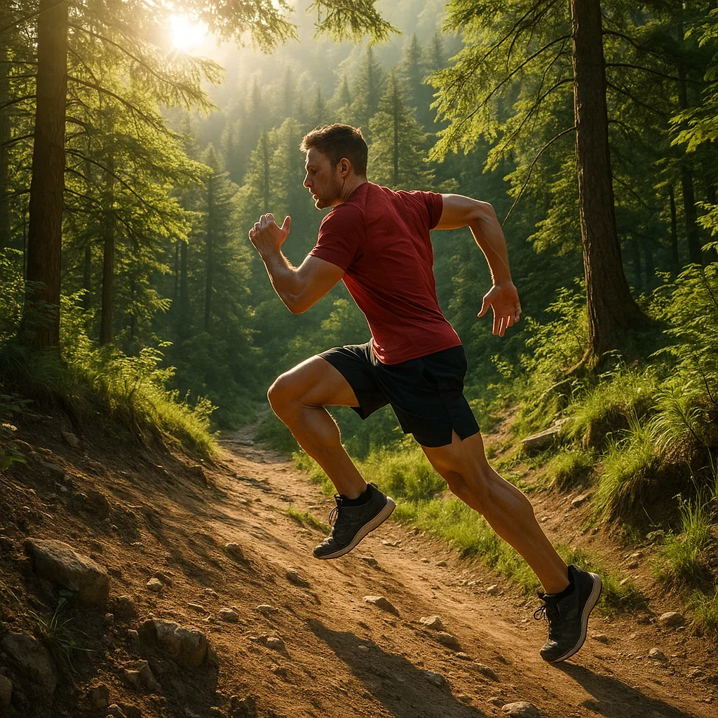 Runner performing high-intensity interval training on a mountain trail for advanced ultramarathon preparation.