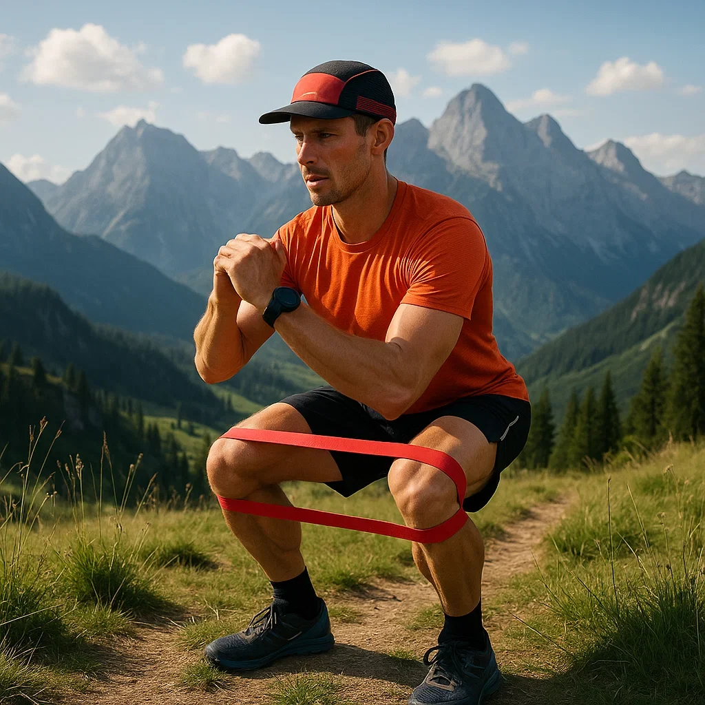 Advanced Ultramarathon Training: Master Speed, Endurance, and Recovery 5 Ultramarathon athlete performing resistance band strength training on a mountain trail.