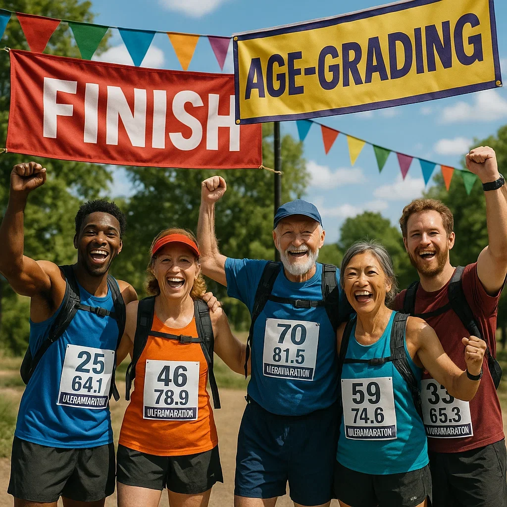 Age-Grading in Ultramarathons Explained: How to Calculate, Analyze & Use Age-Based Performance 3 Diverse ultramarathon runners of different ages celebrating with age-graded scores at the finish line.