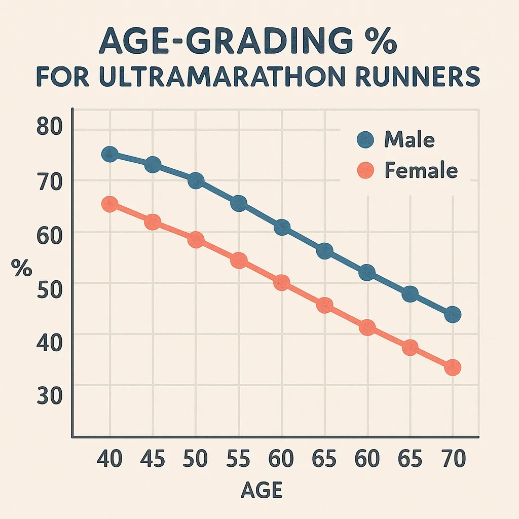 Ultramarathon Training & Recovery for Masters Runners: Complete Guide (40+) 10 Chart showing age-grading for ultramarathon performance across different age groups.