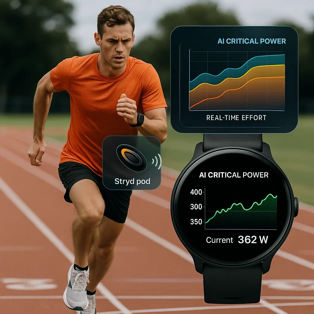 Runner with Stryd pod and AI Critical Power graph on smartwatch, adjusting effort by CP zones.