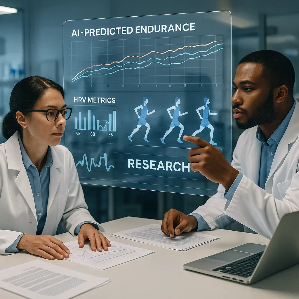 AI-Assisted Endurance Training: What 2023–2025 Research Shows (Science Review) 3 Lab researchers examining AI endurance training research with digital graphs and HRV metrics.