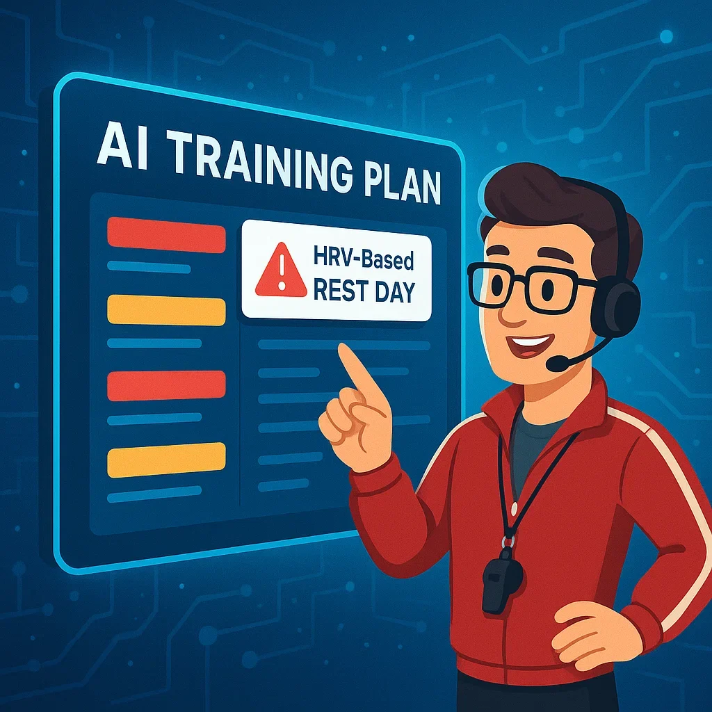AI assistant at a digital dashboard showing training overload risks and HRV rest day alert.