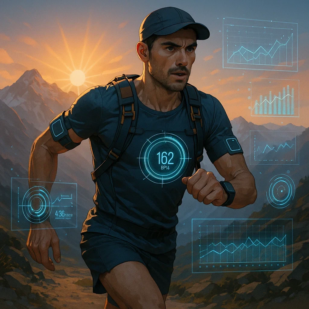 Ultramarathon runner trains with wearable AI devices and holographic analytics in a mountain setting at sunrise.