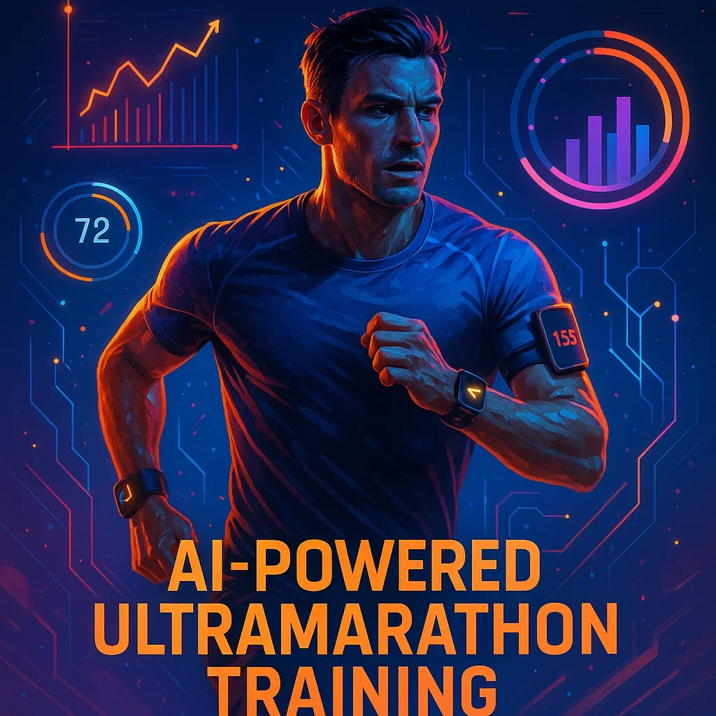 AI-Powered Ultramarathon Training Guide (2025) | Optimize Your Endurance 7 Pinterest poster of an ultramarathon runner with glowing AI data graphs and wearables, showcasing modern training technology.