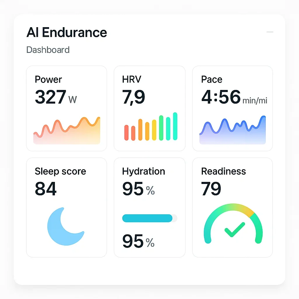 AI endurance wearable dashboard with live running, recovery, and hydration data.