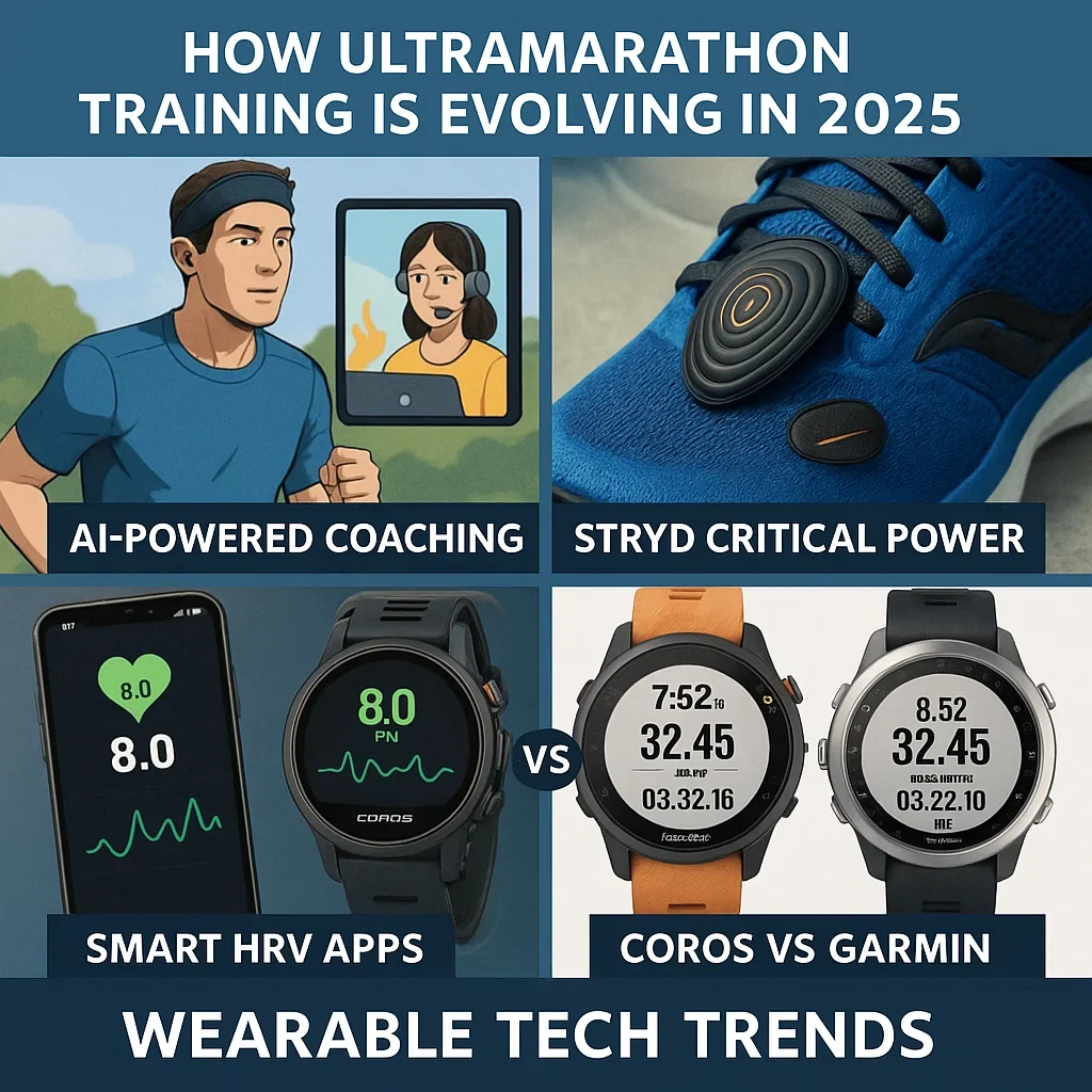 A runner checking data on a GPS watch while training on a trail, representing the integration of AI coaching and wearable technology in ultramarathon training.