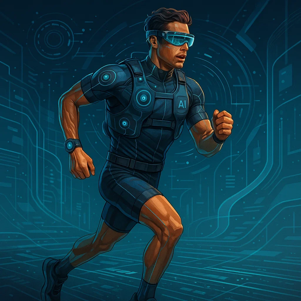 Futuristic ultramarathon runner with AI-powered wearables.