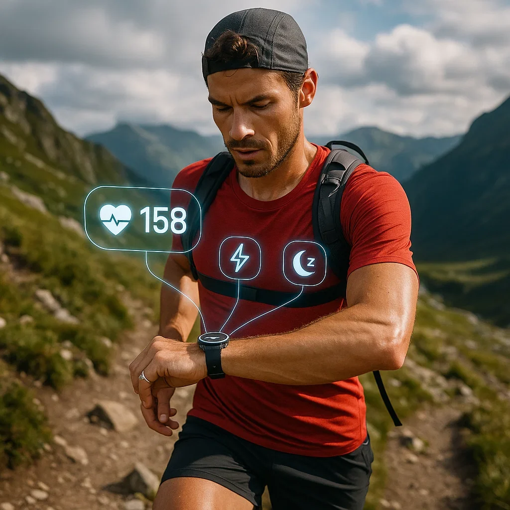 AI Wearable Integration for Endurance Athletes: Best Smart Tech for Ultra Running 2025 3 Endurance runner with AI GPS watch, smart ring, and HR strap, checking performance data outdoors.