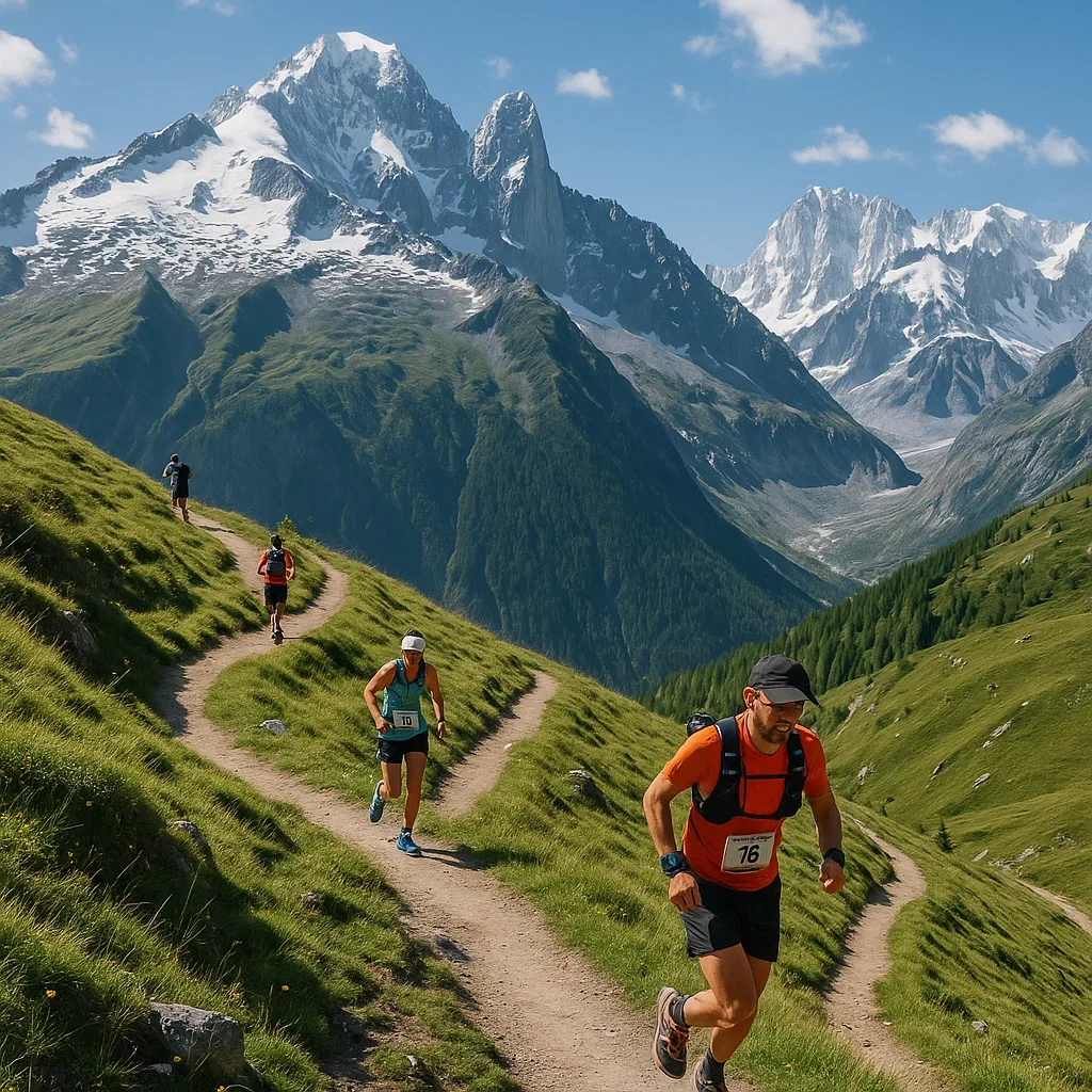 Alpine runners on a scenic mountain trail during sub-ultra race.