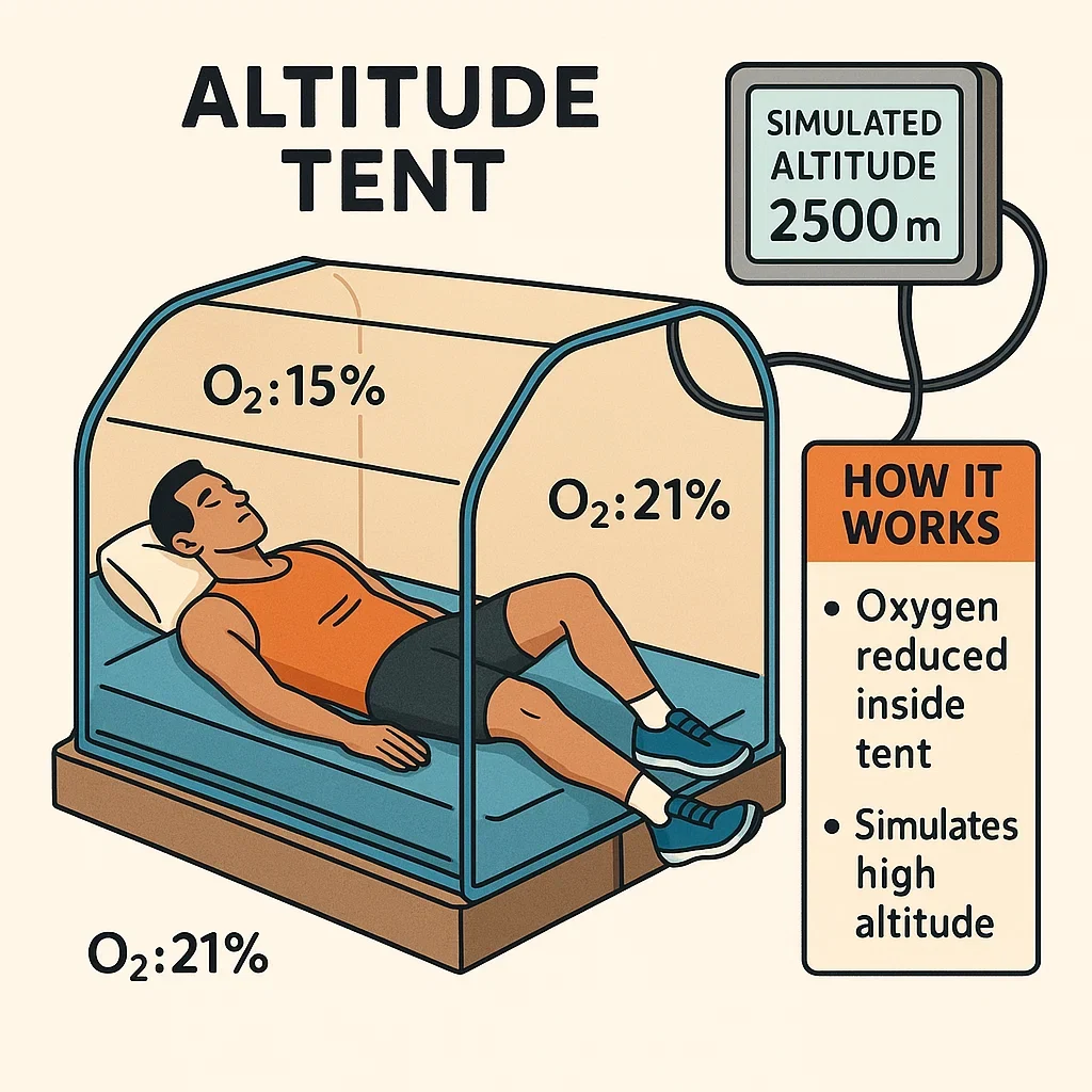 Altitude Tent Training for Ultrarunners: Science, Benefits, and Common Pitfalls 3 Educational infographic cutaway of an altitude tent setup with simulated altitude and labeled oxygen concentration for ultrarunners.