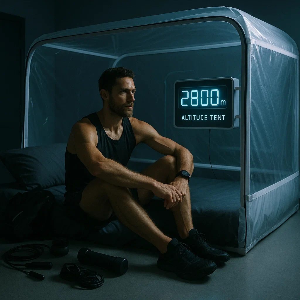 Ultramarathon runner sleeping in an altitude tent at home with high-altitude simulation gear.